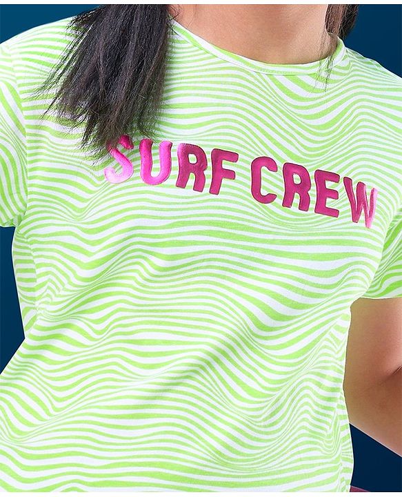 Pine Kids 100% Cotton Biowashed Half Sleeves T-Shirt Foil Text Print- White & Green