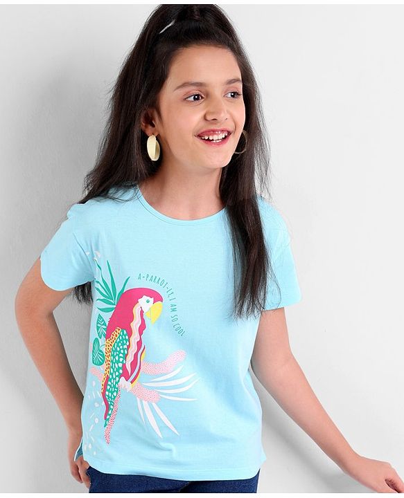 Pine Kids 100% Cotton Half Sleeves Biowashed T-Shirt Parrot Print - Blue