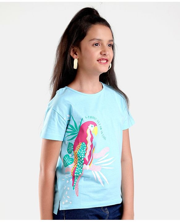Pine Kids 100% Cotton Half Sleeves Biowashed T-Shirt Parrot Print - Blue