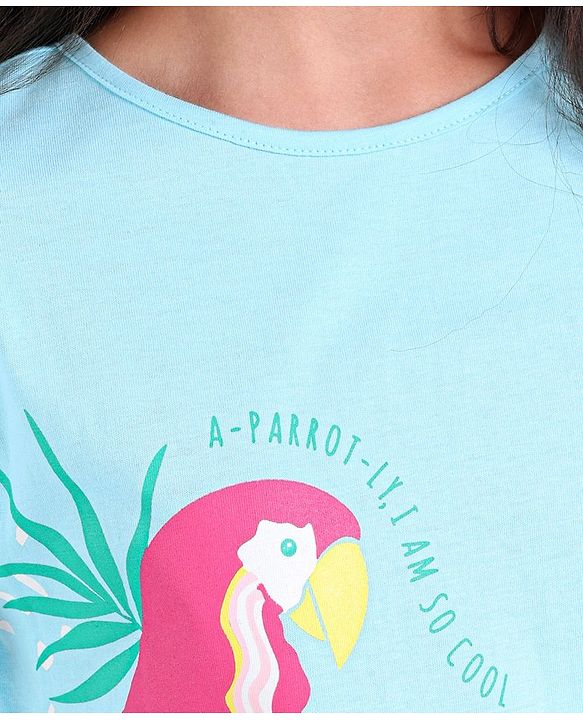 Pine Kids 100% Cotton Half Sleeves Biowashed T-Shirt Parrot Print - Blue