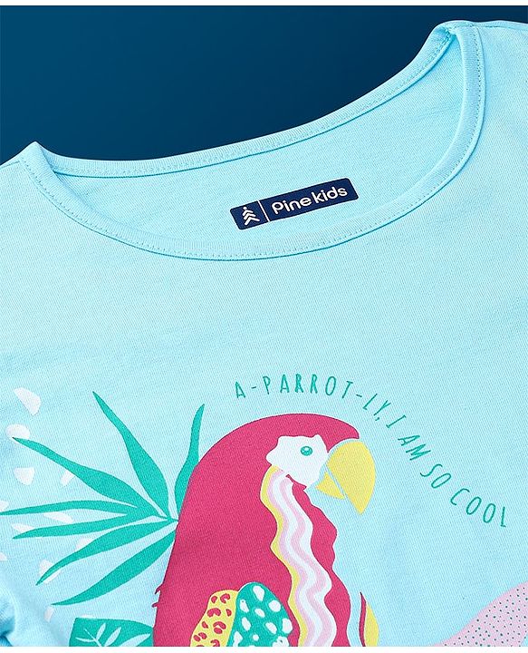 Pine Kids 100% Cotton Half Sleeves Biowashed T-Shirt Parrot Print - Blue
