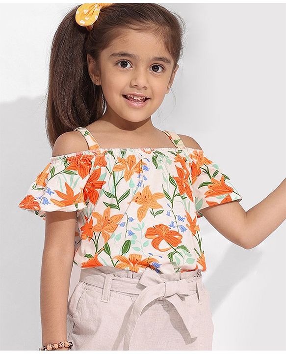 Pine Kids 100% Cotton Biowashed Off Shoulder T-Shirt - Orange