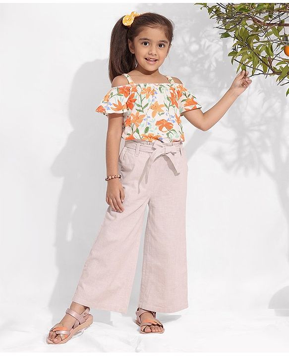 Pine Kids 100% Cotton Biowashed Off Shoulder T-Shirt - Orange