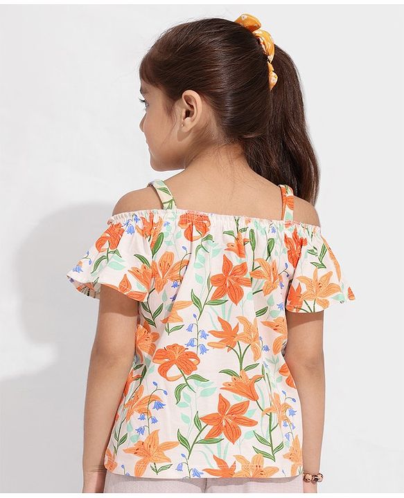 Pine Kids 100% Cotton Biowashed Off Shoulder T-Shirt - Orange