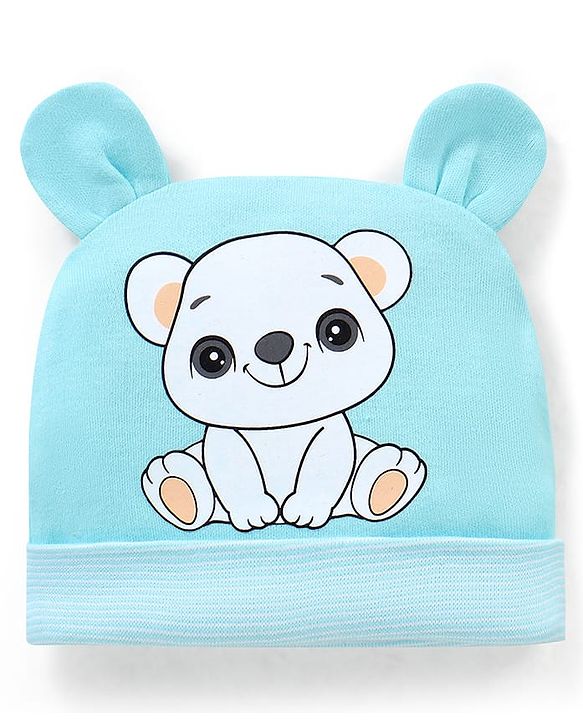 Babyhug 100% Cotton Teddy Bear  Print With Ear Applique Cap Blue - Diameter 9.5 cm