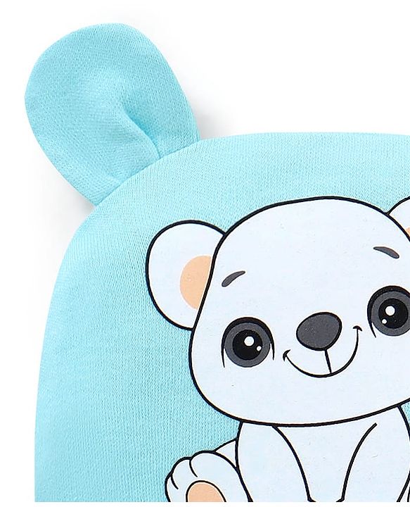 Babyhug 100% Cotton Teddy Bear  Print With Ear Applique Cap Blue - Diameter 9.5 cm