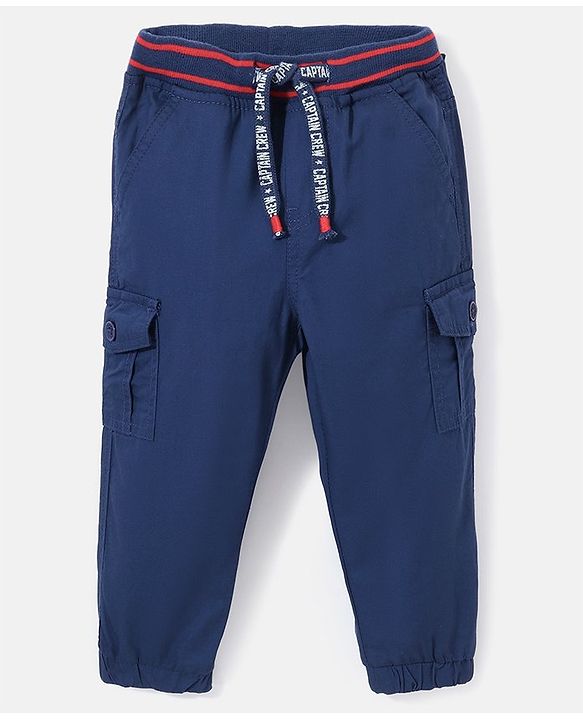 Babyhug 100% Cotton Woven Full Length Solid Joggers Pant - Blue