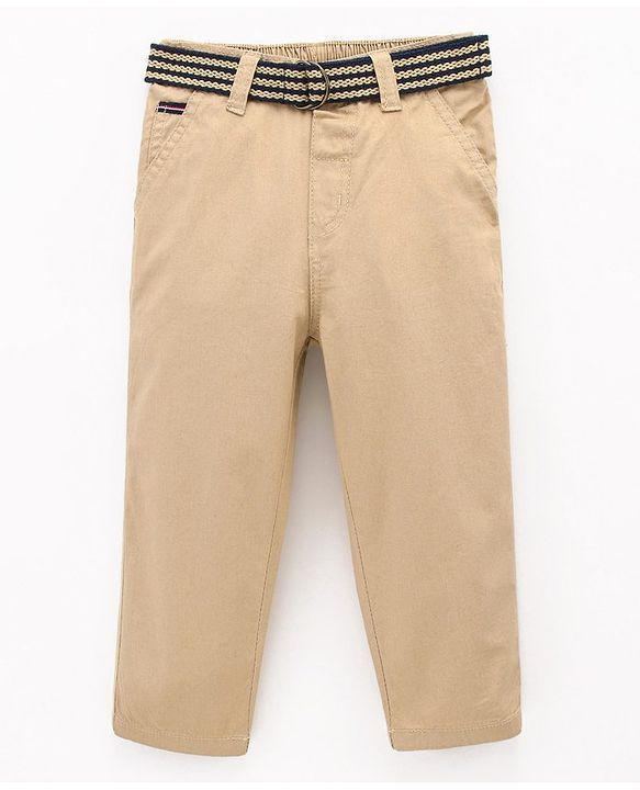 Babyhug 100% Cotton Full Length Solid Colour Trousers With Belt - Beige