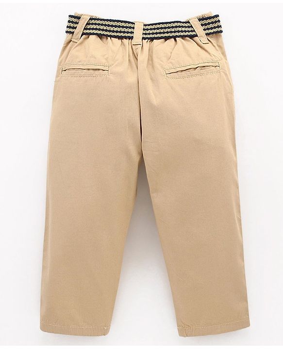 Babyhug 100% Cotton Full Length Solid Colour Trousers With Belt - Beige