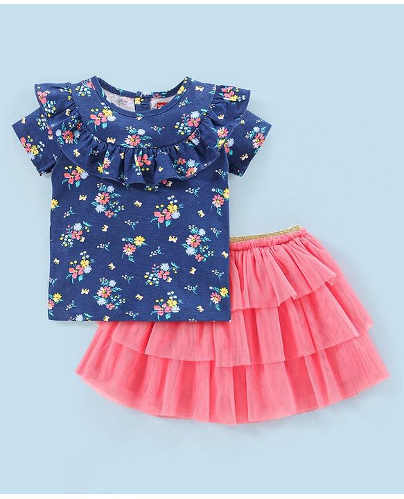 Babyhug 100% Cotton Knit Half Sleeves Top and Skirt Floral Print - Navy Blue & Pink