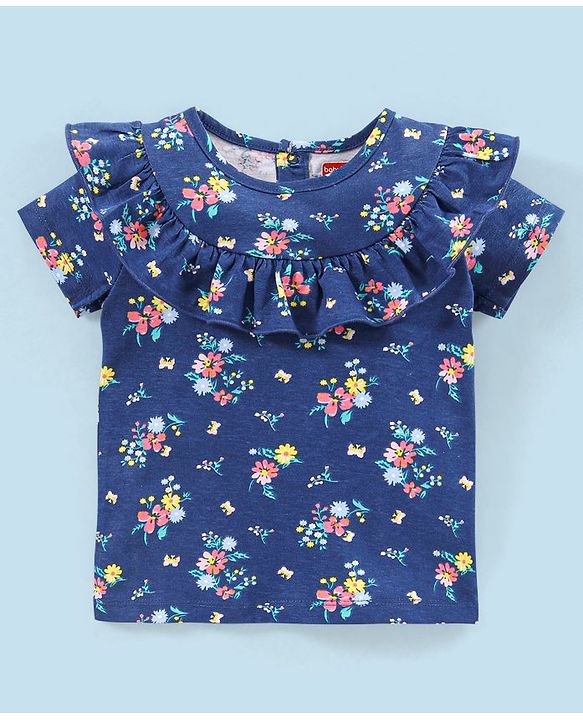 Babyhug 100% Cotton Knit Half Sleeves Top and Skirt Floral Print - Navy Blue & Pink