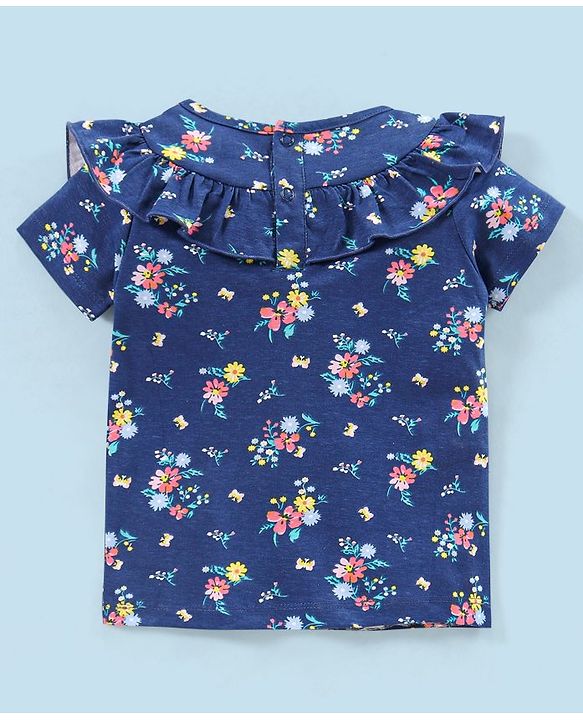 Babyhug 100% Cotton Knit Half Sleeves Top and Skirt Floral Print - Navy Blue & Pink