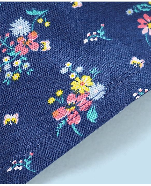 Babyhug 100% Cotton Knit Half Sleeves Top and Skirt Floral Print - Navy Blue & Pink