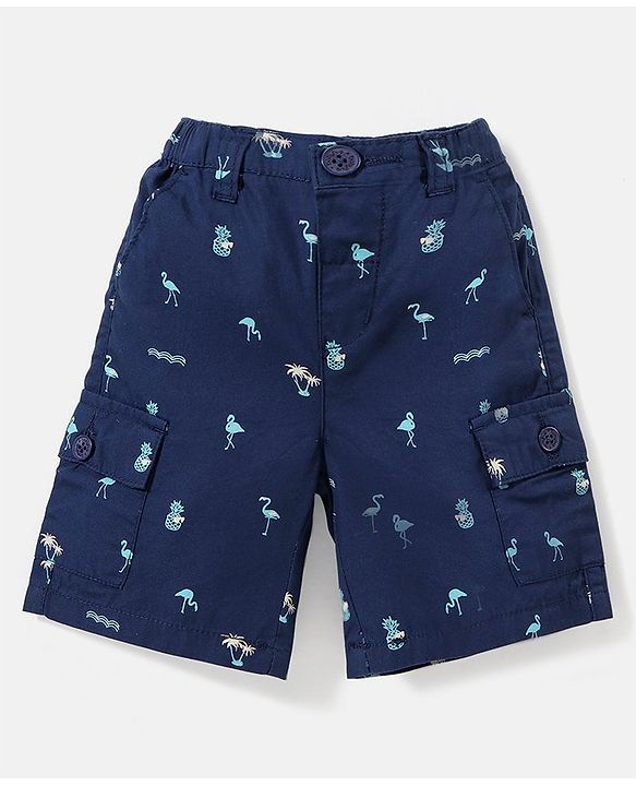 Babyhug 100% Cotton Woven Knee Length Bermuda Flamingos Print - Navy Blue
