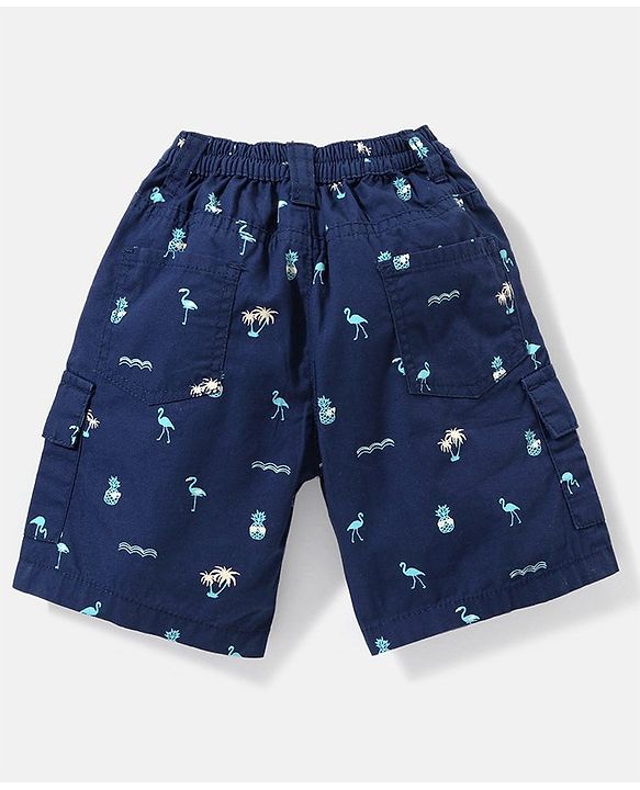 Babyhug 100% Cotton Woven Knee Length Bermuda Flamingos Print - Navy Blue
