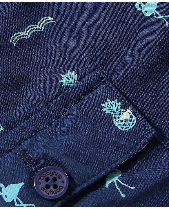 Babyhug 100% Cotton Woven Knee Length Bermuda Flamingos Print - Navy Blue