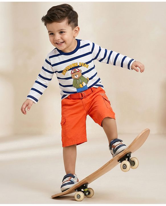 Babyhug Cotton Knit Knee Length Jamaican With Belt Solid Color - Orange