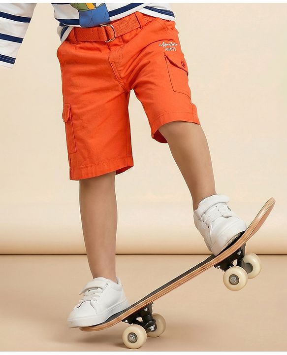 Babyhug Cotton Knit Knee Length Jamaican With Belt Solid Color - Orange