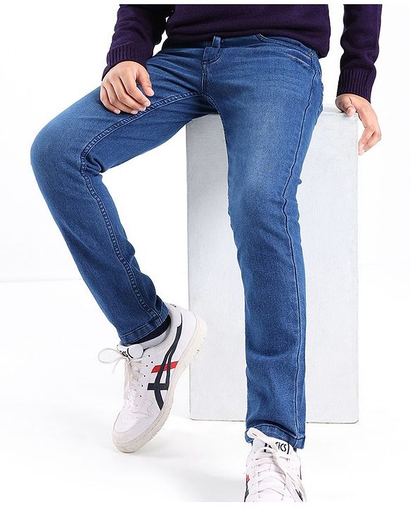 Pine Kids Cotton Spandex Woven Full Length 5 Pockets Washed Denim Jeans - Mid Blue