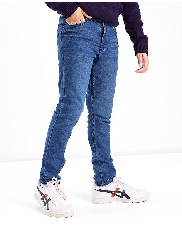 Pine Kids Cotton Spandex Woven Full Length 5 Pockets Washed Denim Jeans - Mid Blue