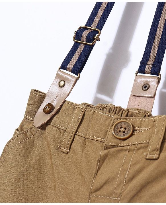 Babyhug 100% Cotton Woven Knee Length Solid Shorts with Suspenders - Khaki