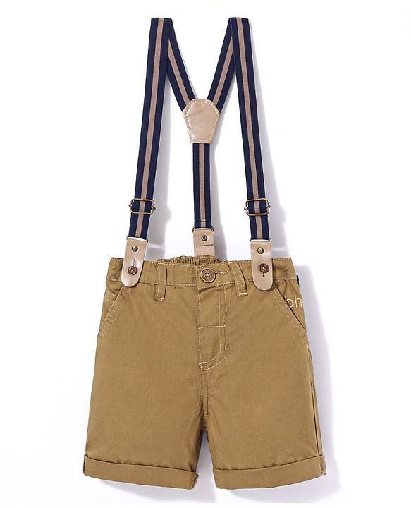 Babyhug 100% Cotton Woven Knee Length Solid Shorts with Suspenders - Khaki