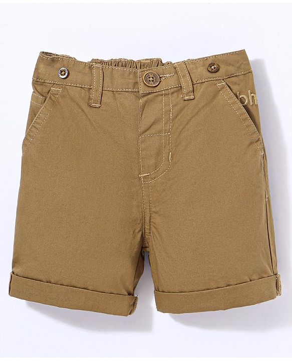 Babyhug 100% Cotton Woven Knee Length Solid Shorts with Suspenders - Khaki