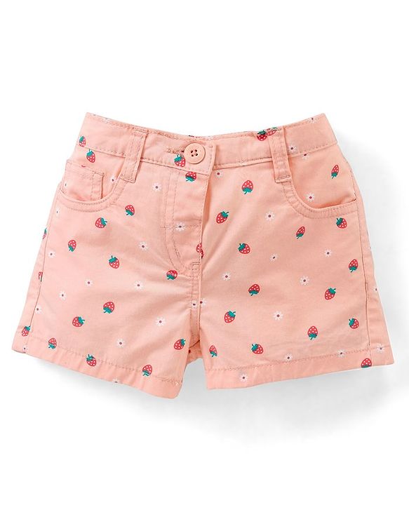 Babyhug Cotton Mid Thigh  Stretchable Shorts Strawberry Print - Peach