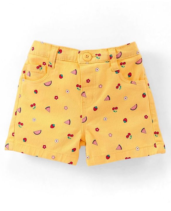 Babyhug Cotton Woven Knee Length Stretchable Shorts Cherry Print - Yellow