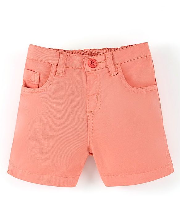Babyhug Cotton Mid Thigh Length Solid Shorts With Stretch- Coral