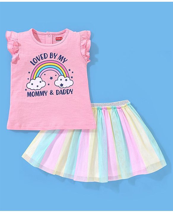 Babyhug 100% Cotton Sleeveless Top and Skirt Set Rainbow Print - Pink