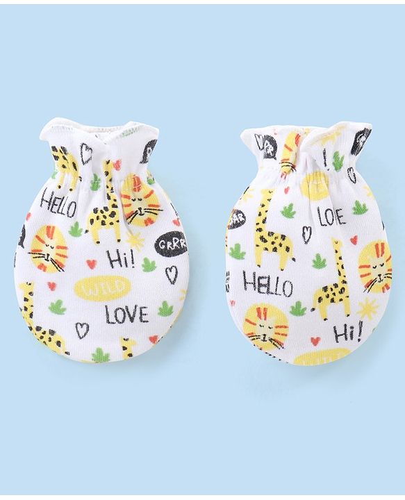 Babyhug 100% Cotton Mittens and Booties Wild Animal Print - White