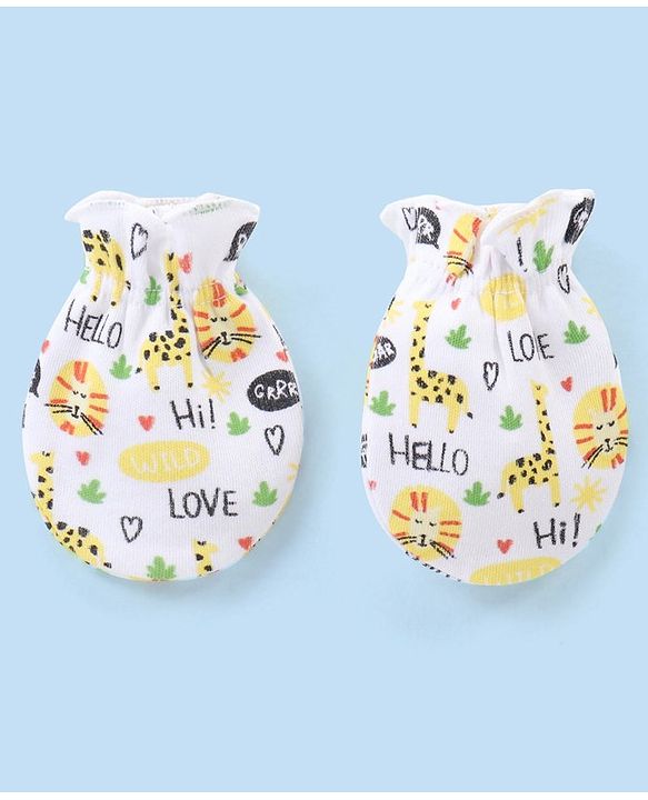 Babyhug 100% Cotton Mittens and Booties Wild Animal Print - White