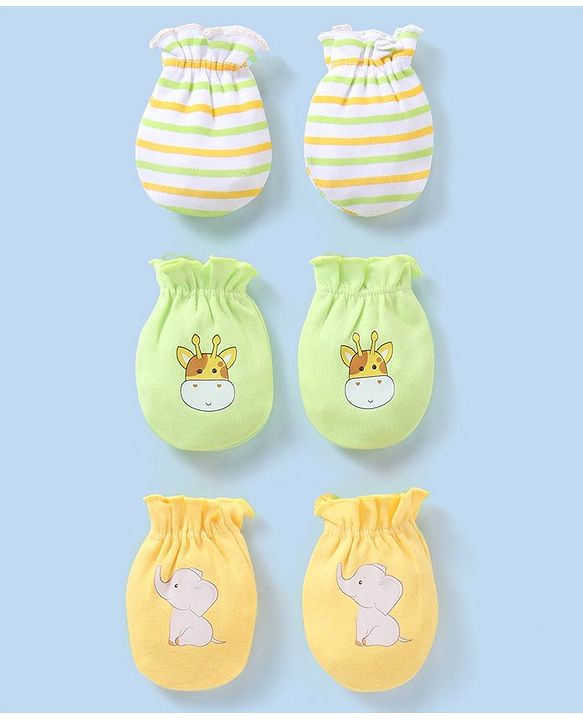 Babyhug 100% Cotton Knit Striped Mittens Pack of 3 - Green & Yellow