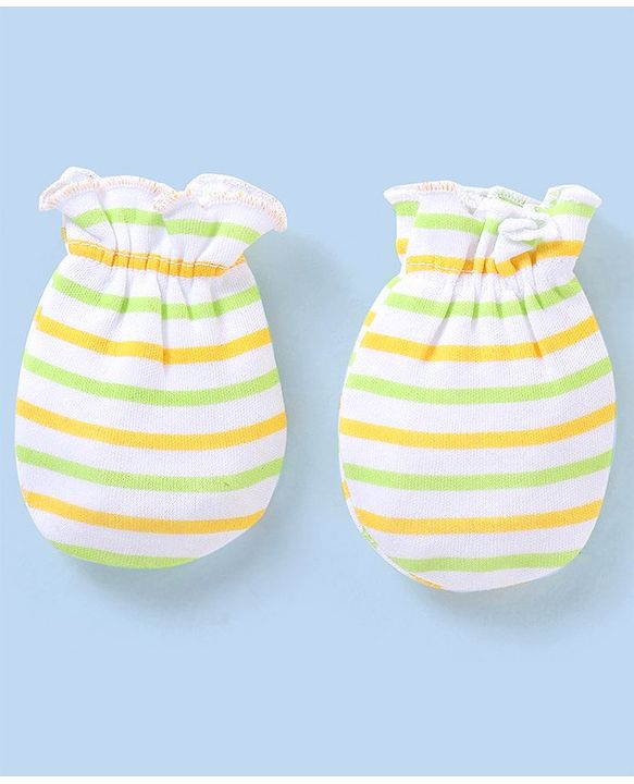 Babyhug 100% Cotton Knit Striped Mittens Pack of 3 - Green & Yellow