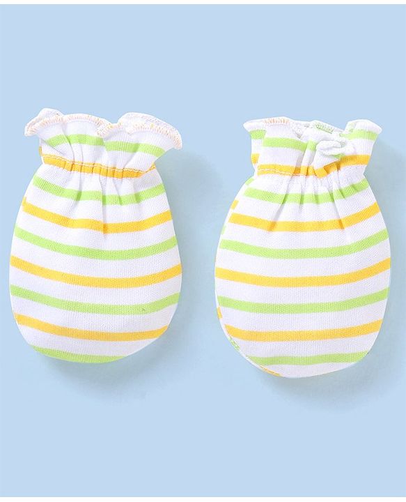 Babyhug 100% Cotton Knit Striped Mittens Pack of 3 - Green & Yellow