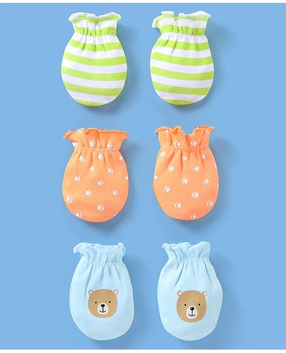 Babyhug 100% Cotton Knit Striped Mittens Pack of 3 - Orange Green & Blue