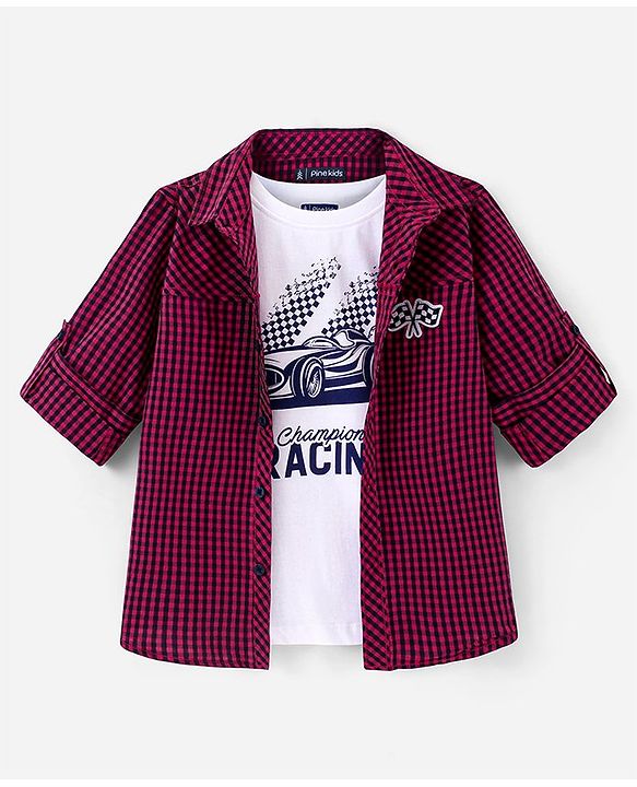 Pine Kids Full Sleeves Checked Shirt With Chest Print Inner T-shirt - Maroon