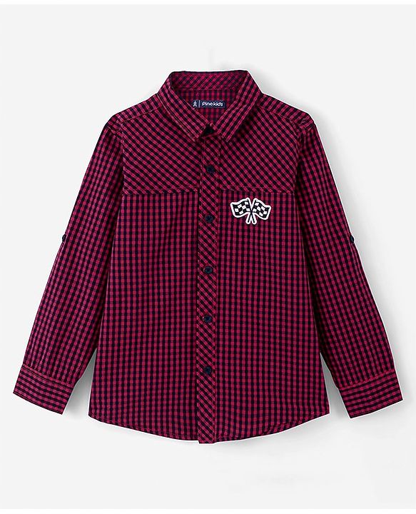 Pine Kids Full Sleeves Checked Shirt With Chest Print Inner T-shirt - Maroon