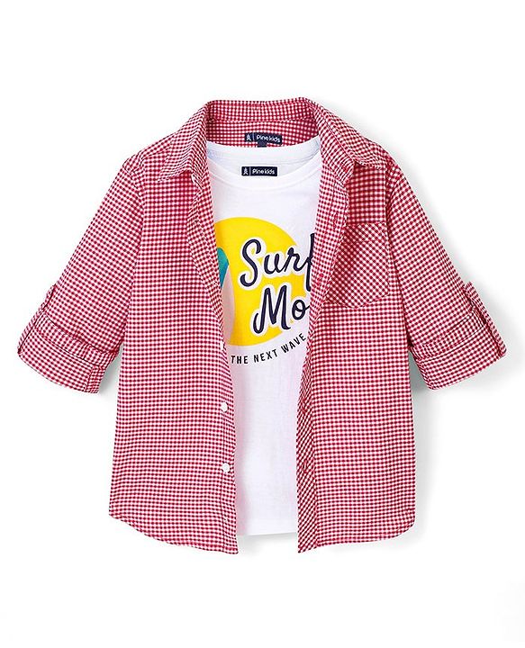 Pine Kids 100% Cotton Full Sleeves Checked Shirt with Chest Print Inner T-Shirt - Red