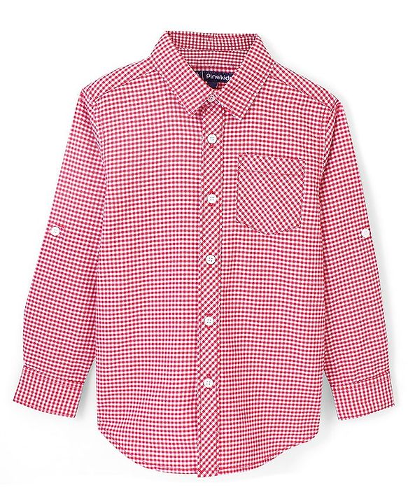 Pine Kids 100% Cotton Full Sleeves Checked Shirt with Chest Print Inner T-Shirt - Red