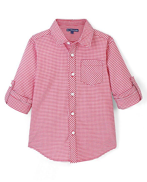 Pine Kids 100% Cotton Full Sleeves Checked Shirt with Chest Print Inner T-Shirt - Red