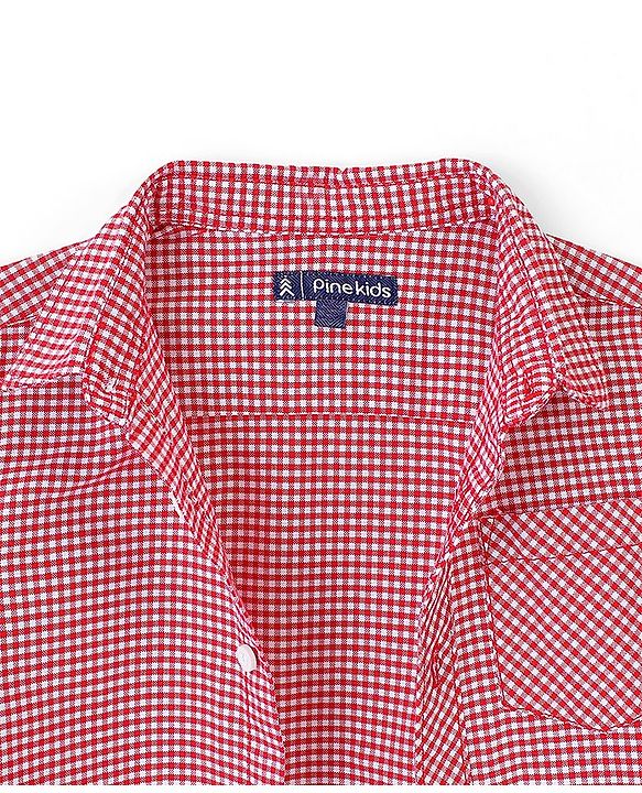 Pine Kids 100% Cotton Full Sleeves Checked Shirt with Chest Print Inner T-Shirt - Red