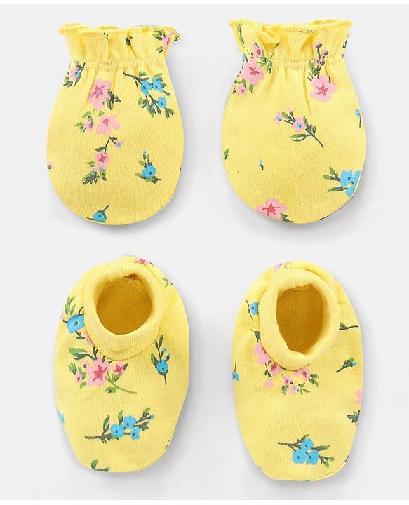 Babyhug 100% Cotton Mittens and Booties Floral Print - Yellow