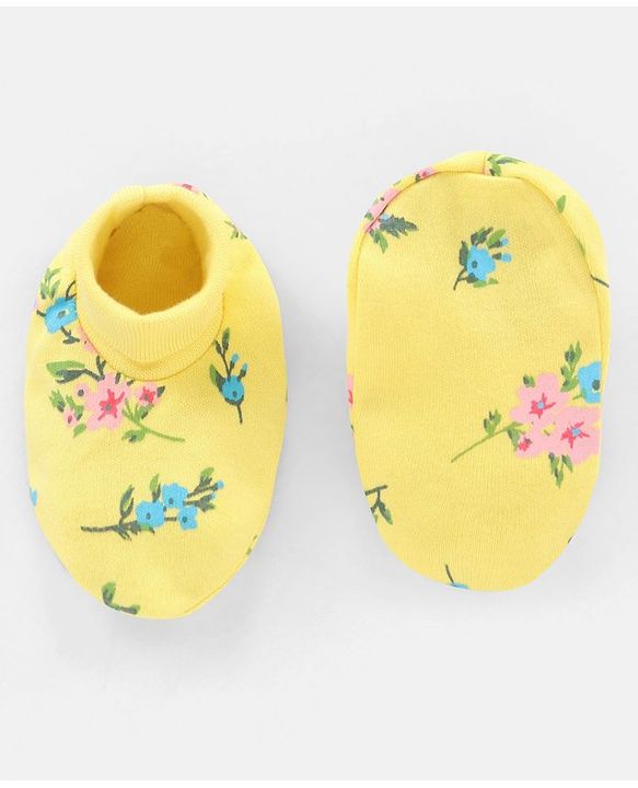 Babyhug 100% Cotton Mittens and Booties Floral Print - Yellow