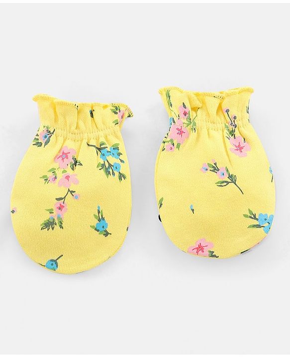Babyhug 100% Cotton Mittens and Booties Floral Print - Yellow
