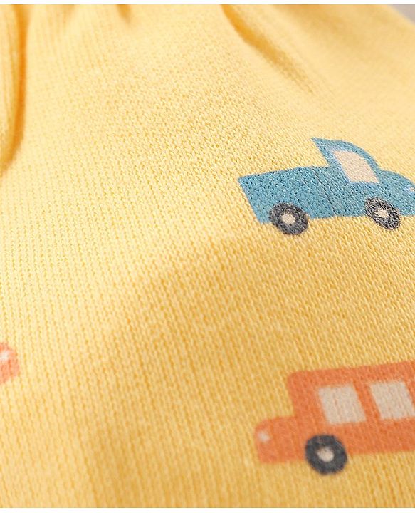 Babyhug 100% Cotton Mittens and Booties Car Print - Yellow