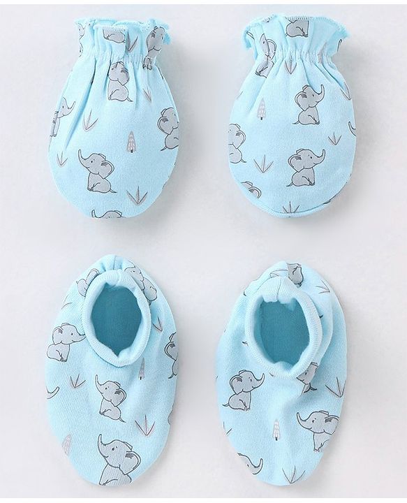 Babyhug 100% Cotton Mittens and Booties Elephant Print - Blue