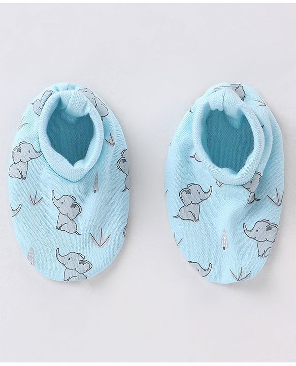 Babyhug 100% Cotton Mittens and Booties Elephant Print - Blue