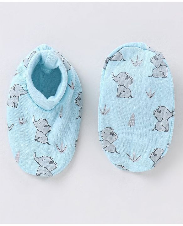 Babyhug 100% Cotton Mittens and Booties Elephant Print - Blue